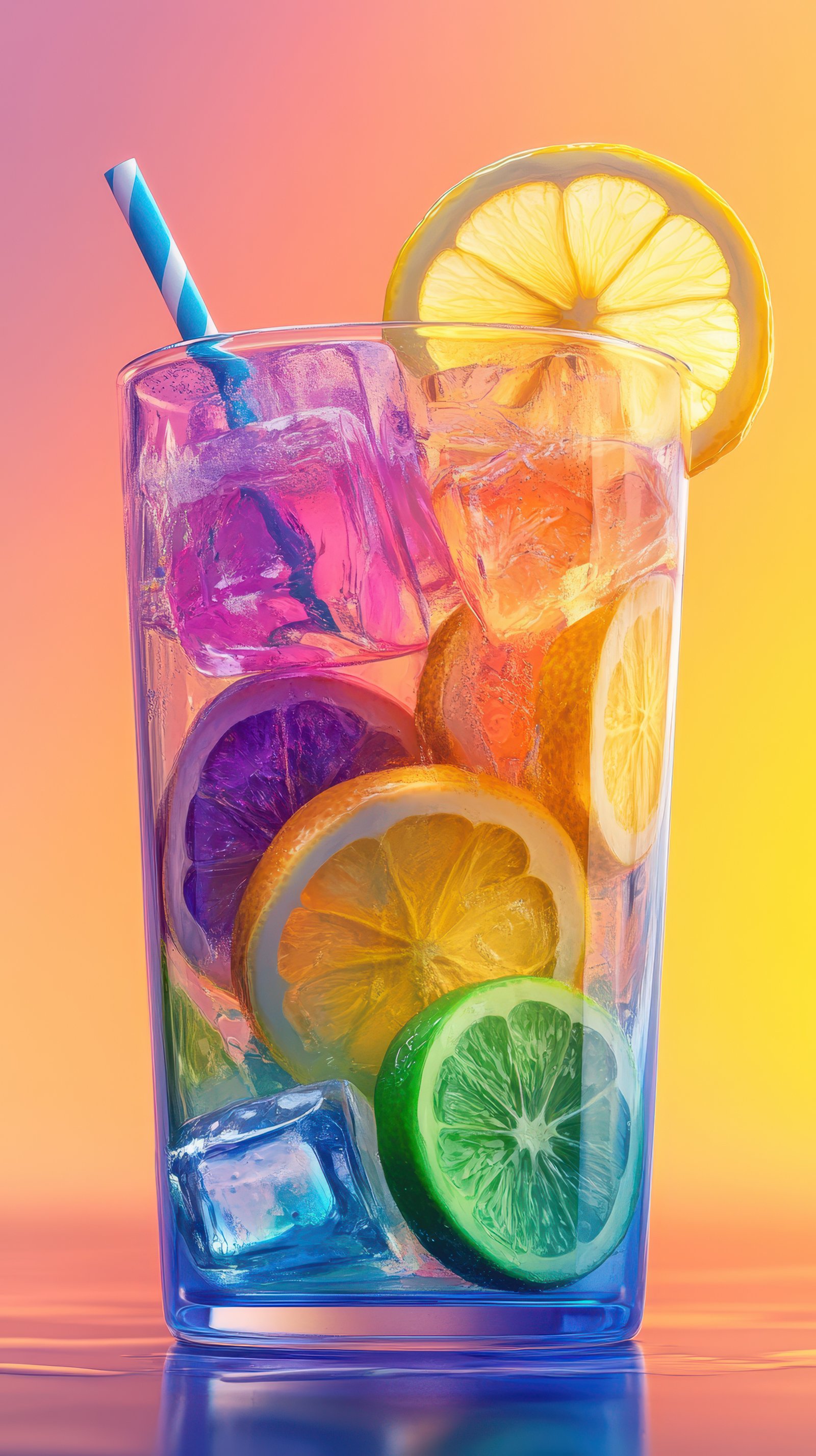 Colorful fruit-infused drink with ice against a vibrant sunset background